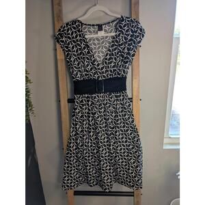 Wrapper Black and White Patterned Belted Dress Medium